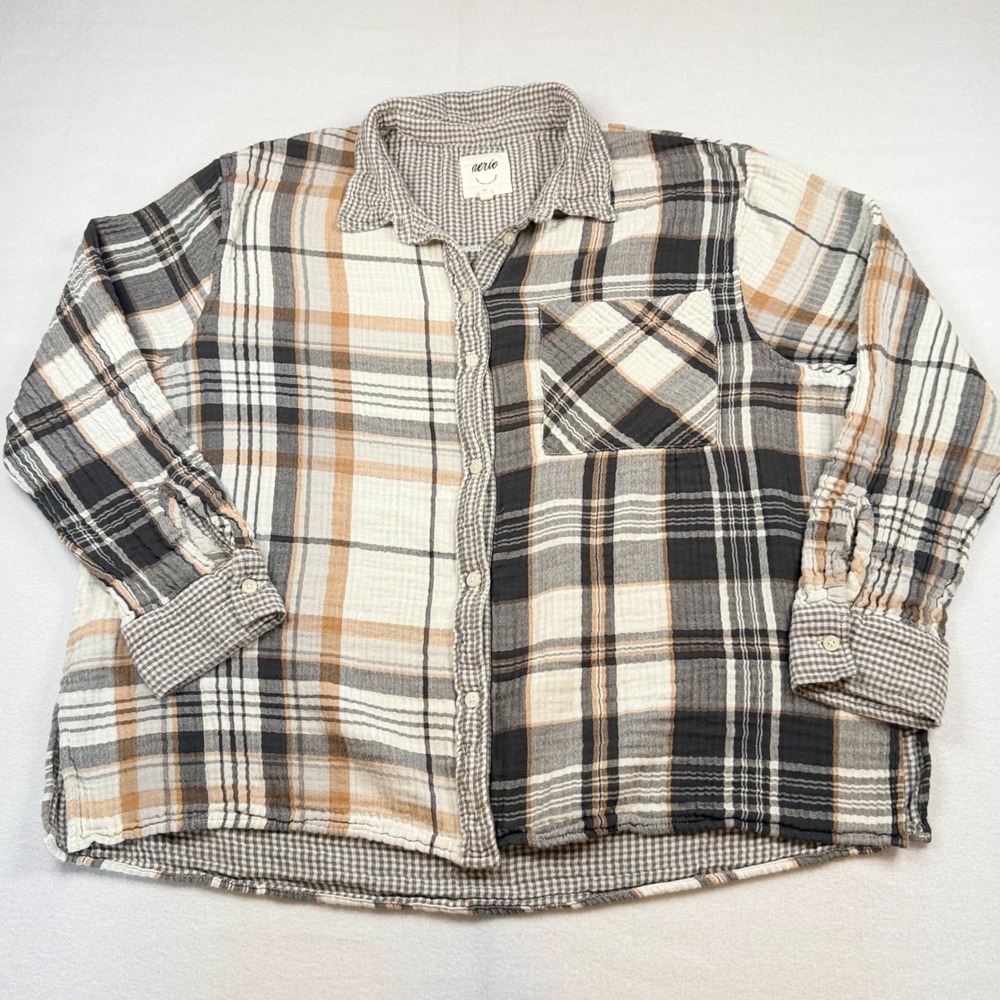 Aerie Mixed Plaid Gingham Cotton Gauze Button Down Shirt XL Black Tan White